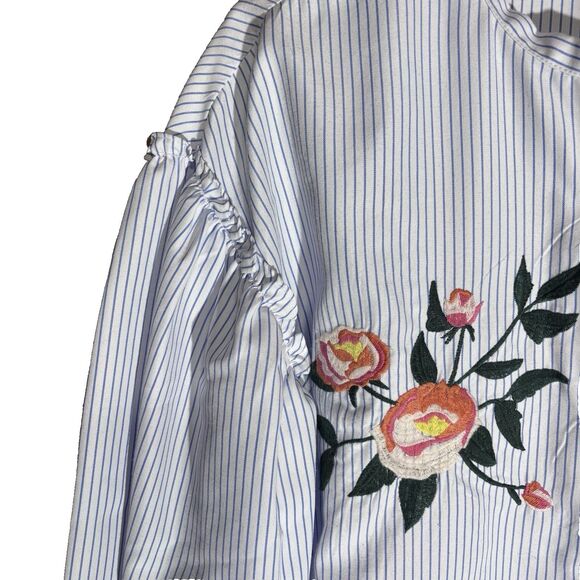 Sugar Lips Long Puff Sleeve Embroidered White with Stripe Button Down Shirt M - Picture 5 of 16